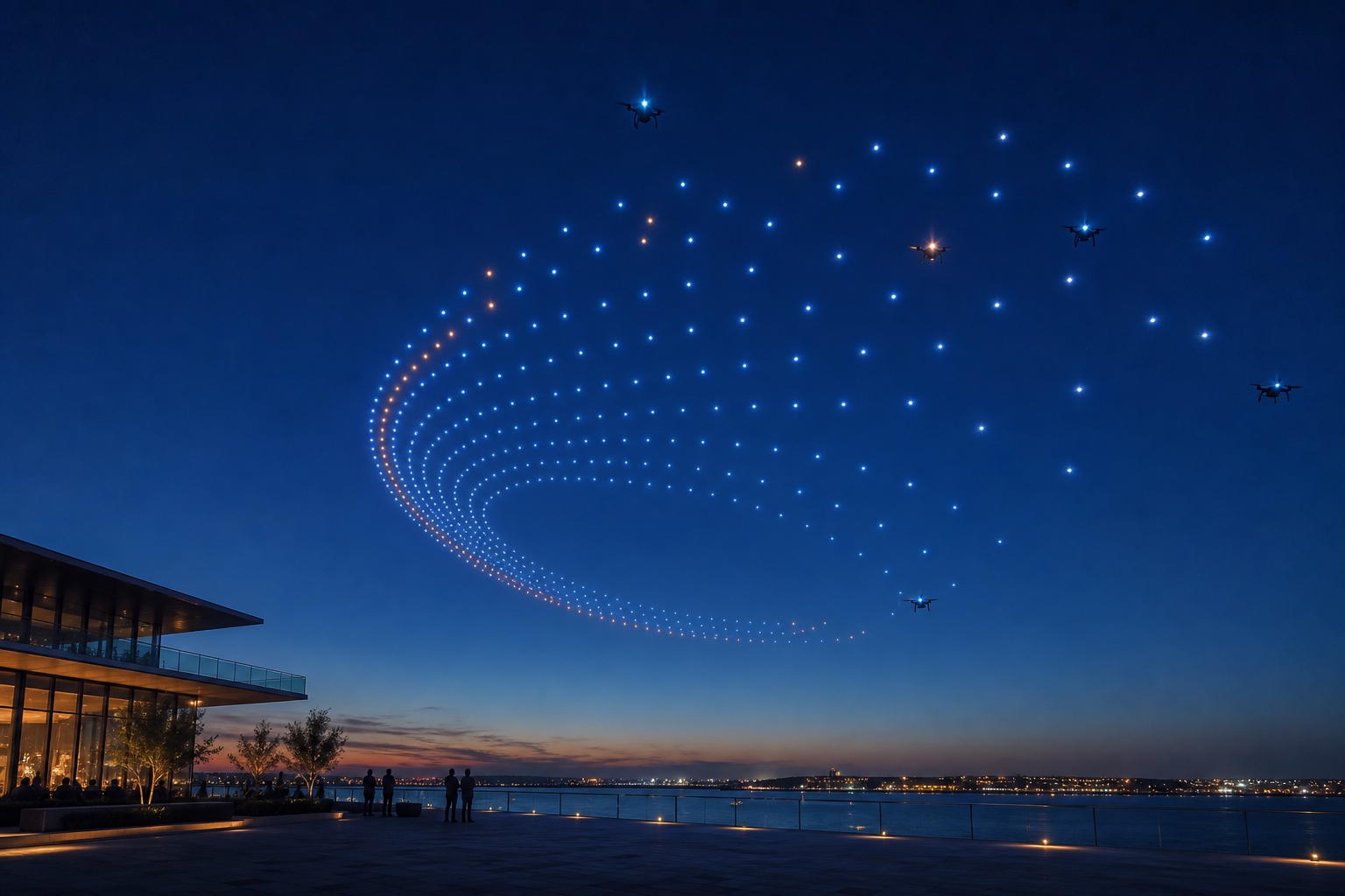 A coordinated drone light show forming a sweeping arc over a waterfront venue at blue hour